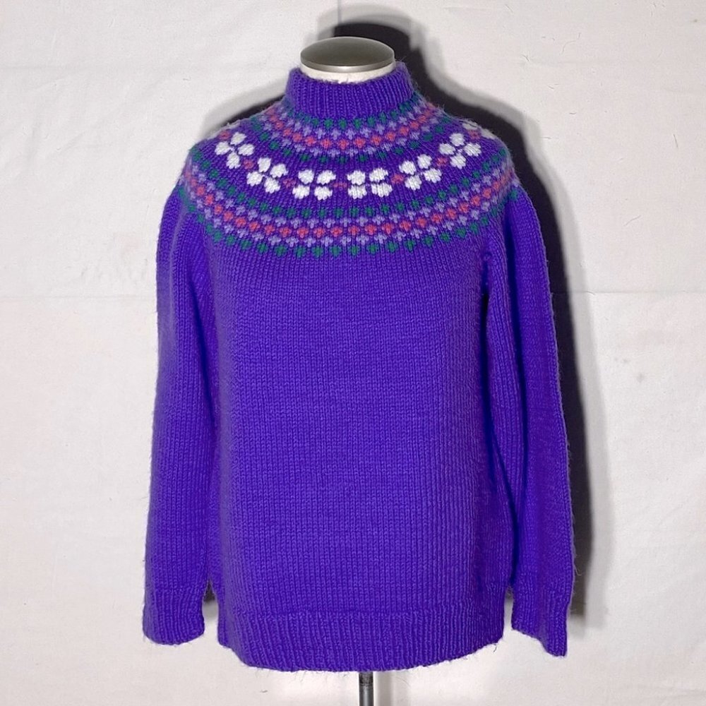Vintage Hand Knit Purple Fair Isle Mock Neck Sweater M Cottagecore Grannycore
